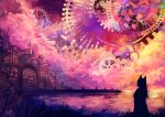  1girl animal_ears axleaki building chinese_commentary city clock clockwork cloud cloudy_sky colorful commentary_request dated facing_away fantasy gears highres long_hair night night_sky original outdoors scenery signature silhouette sky sky_focus solo steampunk twilight water 