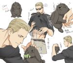  ! 1boy albert_wesker animal belt black_rabbit_(animal) black_shirt blonde_hair brown_belt grey_pants holding holding_animal male_focus navel pants rabbit resident_evil resident_evil_1 shirt short_hair simple_background sunglasses tatsumi_(psmhbpiuczn) translation_request white_background 