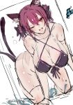  1girl ;d all_fours animal_ears bikini black_bikini breasts cat_ears cat_tail cleavage commentary full_body highres kaenbyou_rin large_breasts looking_at_viewer multiple_tails nekomata one_eye_closed open_mouth po_(anhk5528) red_eyes red_hair short_hair sidelocks simple_background sketch smile solo swimsuit tail teeth touhou two_tails upper_teeth_only wet white_background 
