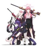  4girls aru_(blue_archive) black_hair blue_archive character_request demon_horns dr_yamero grey_halo gun halo highres horns multiple_girls pink_halo problem_solver_68_(blue_archive) purple_eyes purple_hair purple_halo red_eyes red_hair red_halo short_hair weapon white_background white_hair yellow_eyes 