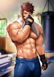  1boy abs alternate_body_hair alternate_costume alternate_eye_color arm_hair bara bare_arms blue_pants blurry blurry_background brown_hair bulge chest_hair clothes_lift cross_scar fate/grand_order fate_(series) feet_out_of_frame fingerless_gloves gloves green_eyes groin hairy highres kashi_kosugi large_pectorals long_sideburns looking_at_viewer male_focus mature_male muscular muscular_male napoleon_bonaparte_(fate) navel navel_hair nipples pants pectorals scar scar_on_chest shiny_skin shirt_lift short_hair sideburns solo spiked_hair standing steaming_body stomach sweat tank_top thick_eyebrows thick_thighs thighs tight_clothes tight_pants underpec veins veiny_arms white_tank_top wiping_sweat 