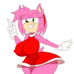  2022 accessory amy_rose anthro big_breasts breasts clothed clothing eulipotyphlan fangs female fur gesture green_eyes hair hair_accessory hairband hedgehog hi_res mammal nipple_outline nsfwtheodore open_mouth open_smile partially_clothed pink_body pink_fur pink_hair sega simple_background smile solo sonic_the_hedgehog_(series) teeth thick_thighs wide_hips 