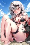  1girl bare_shoulders barefoot beach bikini black_bikini black_collar black_hair black_jacket blurry blurry_background blush breasts cleavage collar day grey_hair hair_ornament highres hololive jacket large_breasts long_hair looking_at_viewer multicolored_hair off_shoulder outdoors pinki_o64 red_eyes revision sakamata_chloe solo streaked_hair swimsuit thigh_strap virtual_youtuber x_hair_ornament 