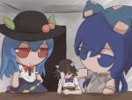  3girls arm_rest black_hair black_headwear blank_room_soup blue_eyes blue_hair blue_skirt bow bowl bowtie chopsticks closed_mouth commentary cowboy_shot crying crying_with_eyes_open eating elbow_rest english_commentary fumo_(doll) grey_hoodie hair_bow hat highres hinanawi_tenshi holding holding_chopsticks hood hood_down hoodie horns indoors jitome kijin_seija kokowoch leaf_hat_ornament long_hair looking_at_another looking_at_viewer meme multicolored_hair multiple_girls open_mouth peach_hat_ornament pink_bow pink_bowtie rainbow_gradient red_bow red_bowtie red_eyes red_hair shirt short_hair short_sleeves skirt smile standing streaked_hair tears touhou upper_body white_shirt yorigami_shion 