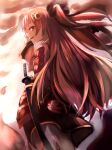 1girl armor cloud floating_hair hair_ornament half-closed_eyes hamu111 hand_up japanese_armor japanese_clothes jouizumi_masamune katana kimono long_hair looking_back open_mouth red_eyes red_hair sheath sheathed shoulder_armor solo sunset sword tenka_hyakken twintails waist_cape weapon wide_sleeves 