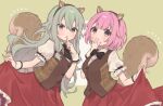  2girls animal_ears black_bow black_necktie blush bow brown_vest commentary green_background green_hair highres index_finger_raised kusanagi_nene long_hair looking_at_viewer mabayui_hikari_no_stage_de_(project_sekai) multiple_girls necktie ootori_emu pink_eyes pink_hair project_sekai puffy_short_sleeves puffy_sleeves red_skirt shirt short_necktie short_sleeves sidelocks simple_background skirt squirrel_ears squirrel_tail tail uminokaisen very_long_hair vest white_shirt wrist_cuffs 