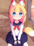  animal_humanoid asian_clothing blue_eyes bottomwear canid canid_humanoid canine canine_humanoid classroom clothing desk dipstick_tail east_asian_clothing female fox_humanoid foxgirl furniture hair humanoid japanese_clothing japanese_school_uniform koni_(yigyuki) light_body light_skin looking_at_viewer mammal mammal_humanoid markings orange_hair orange_tail red_ear_tips school school_uniform serafuku sitting skirt smile solo table tail tail_markings uniform white_tail_tip yigyuki young 