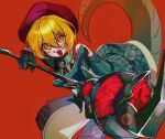  1girl blonde_hair don_quixote_(limbus_company) e.g.o_(project_moon) gloves hat highres holding limbus_company nonggang_1227 official_alternate_costume open_mouth orange_eyes pants project_moon red_headwear short_hair snake_tail solo tabard tail yellow_eyes 