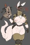  2023 anthro areola big_breasts biped breasts chorsinnell39 clothing digital_media_(artwork) english_text female fingerless_gloves fur genitals gloves grey_background gun handwear hi_res holding_gun holding_object holding_weapon mammal mask nipple_piercing nipples piercing pink_areola pink_nipples pubes pussy ranged_weapon red_eyes simple_background solo text thick_thighs weapon white_body white_fur white_pubes wide_hips 