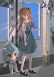  1boy 2girls ayanami_rei black_pants blue_hair blue_skirt eliza_804 highres looking_at_another looking_down multiple_girls nagisa_kaworu neon_genesis_evangelion pants plugsuit red_eyes red_hair rei_chikita shirt skirt souryuu_asuka_langley train_interior white_shirt 