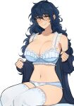  1girl absurdres aoba_tsugumi blue_bra blue_hair blue_jacket blue_panties blue_thighhighs bra breasts cleavage closed_mouth ensemble_stars! genderswap genderswap_(mtf) glasses highres jacket jacket_partially_removed lace_trim large_breasts lingerie long_hair looking_at_viewer lummy_yummy open_clothes open_jacket panties smile solo thighhighs underwear wavy_hair white_background yellow_eyes 