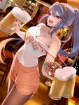  1girl alcohol beer beer_mug blue_eyes blue_hair breasts chicken_(food) commission cup fire_emblem fire_emblem_awakening foam food high_ponytail highres holding holding_cup hooters indoors long_hair lucina_(fire_emblem) medium_breasts momdy_(talesshinja) mug open_mouth orange_shorts pantyhose people plate restaurant shirt_tucked_in short_shorts shorts skeb_commission solo_focus strap_slip sweat tank_top tiara v-shaped_eyebrows very_long_hair white_tank_top 