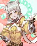  1girl :d absurdres animal_ears belt breasts brown_hair cat_ears cat_girl dagger fangs gloves hand_on_own_hip highres jumpsuit knife mochigana nia_(xenoblade) open_mouth sheath sheathed short_hair smile solo upper_body weapon white_gloves white_hood xenoblade_chronicles_(series) xenoblade_chronicles_2 yellow_eyes yellow_jumpsuit 