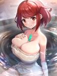  1girl absurdres breasts gonzarez highres large_breasts looking_at_viewer naked_towel onsen partially_submerged pyra_(xenoblade) red_eyes red_hair short_hair solo towel xenoblade_chronicles_(series) xenoblade_chronicles_2 