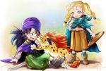  1boy 1girl aged_down belt bianca_(dq5) black_footwear black_hair blonde_hair blue_eyes borongo bracelet braid brown_footwear bruise bruise_on_face cape cloak commentary_request dated dragon_quest dragon_quest_v dress earrings female_child full_body green_cape green_cloak green_socks green_tunic happy headpat hero_(dq5) holding holding_shield injury jewelry long_hair looking_at_another low_ponytail male_child mitsunari_miyako monster one_eye_closed open_mouth orange_dress purple_cape purple_cloak purple_headwear rope_belt shield signature sitting smile socks standing sword tiger turban twin_braids twintails weapon wooden_shield 