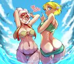  2girls arm_behind_head ass ass_visible_through_thighs bikini blonde_hair blue_eyes blue_sky braid breasts butt_crack cloud english_commentary english_text eyeshadow french_braid from_behind glasses haysey highres large_breasts looking_at_viewer makeup multiple_girls navel o-ring o-ring_bikini o-ring_top outdoors partially_submerged pointy_ears princess_zelda purah red-framed_eyewear red_eyes red_eyeshadow round_eyewear sheikah side-tie_bikini_bottom sky splashing swimsuit the_legend_of_zelda the_legend_of_zelda:_tears_of_the_kingdom twitter_username updo vest water wet white_hair 