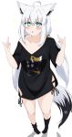  +_+ 1girl :&lt; absurdres ahoge animal_ears aqua_eyes black_shirt black_socks breasts cleavage commentary_request double_fox_shadow_puppet earrings fox_ears fox_girl fox_shadow_puppet fox_tail full_body highres hololive jewelry long_hair looking_at_viewer medium_breasts miya_azn nejima_kitsune_(shirakami_fubuki) parted_lips pentagram shirakami_fubuki shirakami_fubuki_(7th_costume) shirt sidelocks simple_background single_earring socks solo star_(symbol) tail twintails very_long_hair white_background white_hair 