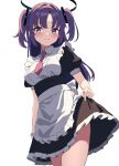  1girl absurdres alternate_costume apron black_dress blue_archive blush dress enmaided frilled_apron frills halo highres long_hair looking_at_viewer maid maid_apron maid_headdress pogeepoge puffy_sleeves purple_eyes purple_hair simple_background solo waist_apron white_apron white_background yuuka_(blue_archive) 