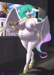  anthro anthrofied areola belly big_belly big_breasts breasts clothing equid equine feathers female footwear friendship_is_magic hasbro hi_res high_heels horn mammal my_little_pony nipples pink_areola pink_nipples pregnant pregnant_anthro pregnant_female princess_celestia_(mlp) solo thehuskylord white_body white_feathers winged_unicorn wings 