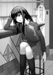  1girl absurdres bar_stool crossed_legs feet_out_of_frame greyscale hand_on_own_head highres indoors inoue_takina kusaba_eru_(happy_crystal) long_hair looking_afar lycoris_recoil lycoris_uniform monochrome open_mouth sitting solo speech_bubble stool thighhighs translation_request 