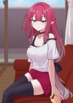  1girl baobhan_sith_(fate) bare_shoulders black_thighhighs breasts choker cleavage collarbone contemporary couch elfenlied22 fate/grand_order fate_(series) grey_eyes highres holding_hands large_breasts long_hair looking_at_viewer off_shoulder pink_hair pointy_ears red_shorts shirt short_sleeves shorts sidelocks sitting smile solo_focus thighhighs thighs white_shirt 