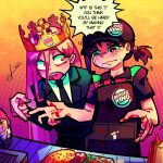  2girls alpharecdyt apron black_apron black_hair black_headwear black_jacket black_necktie burger burger_king chainsaw_man collared_shirt crown english_text food hair_between_eyes higashiyama_kobeni highres jacket long_hair multiple_girls necktie pink_hair power_(chainsaw_man) print_apron sharp_teeth shirt short_ponytail snot_trail speech_bubble suit_jacket teeth white_shirt yellow_eyes 