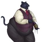  2021 alcohol anthro belly beverage big_belly blue_body blue_fur bottle bottomwear cettus clothed clothing container double_chin dress_shirt felid fully_clothed fur hi_res male mammal necktie obese obese_anthro obese_male overweight overweight_anthro overweight_male pantherine pants shirt simple_background solo standing topwear vest waiter white_background wine wine_bottle 