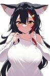  1girl animal_ear_fluff animal_ears black_hair blush breasts closed_mouth hair_between_eyes hololive large_breasts long_hair long_sleeves looking_at_viewer multicolored_hair ookami_mio ookami_mio_(3rd_costume) red_hair shirt solo streaked_hair terazip upper_body virtual_youtuber white_shirt wolf_ears wolf_girl yellow_eyes 