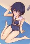  1girl asymmetrical_hair black_hair blue_one-piece_swimsuit breast_cutout brown_eyes brown_neckerchief crop_top framed_breasts hair_between_eyes highres i-14_(kancolle) kantai_collection neckerchief one-hour_drawing_challenge one-piece_swimsuit sailor_collar school_swimsuit shirt short_hair sleeveless sleeveless_shirt smile solo swimsuit swimsuit_under_clothes takanashi_yukari white_sailor_collar 