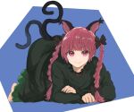  1girl animal_ears barefoot blue_background blunt_bangs braid cat_ears cat_tail closed_mouth dress extra_ears eyebrows_hidden_by_hair frills full_body green_dress kaenbyou_rin kashiwada_kiiho light_smile long_hair long_sleeves looking_at_viewer multiple_tails nail_polish nekomata red_eyes red_hair red_nails simple_background solo tail toenail_polish toenails top-down_bottom-up touhou twin_braids two_tails 