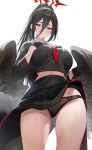  1girl ass_visible_through_thighs black_gloves black_hair black_panties black_shirt black_skirt blue_archive blush breasts cameltoe clothes_lift clothes_writing commentary feathered_wings from_below gloves hair_between_eyes half_gloves halo hand_on_own_chest hasumi_(blue_archive) high_ponytail highres large_breasts large_wings lifted_by_self long_hair long_sleeves looking_at_viewer low_wings mole mole_under_eye neckerchief panties parted_lips preview_(preview0) red_eyes red_halo sailor_collar school_uniform serafuku shirt simple_background skirt skirt_lift solo thighs underwear white_background wings 