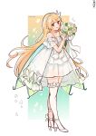  1girl alternate_costume blonde_hair blush dress earrings fairy fairy_wings flower hair_flower hair_ornament hakamii highres holding holding_flower jewelry long_hair looking_at_viewer nijisanji nijisanji_en pointy_ears pomu_rainpuff red_eyes single_thighhigh smile solo thighhighs virtual_youtuber white_dress wings 