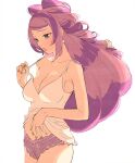  1girl bare_shoulders breasts cleavage earrings flower_earrings green_eyes highres jewelry large_breasts light_purple_hair long_hair miriam_(pokemon) multicolored_hair osg_pk panties pink_eyeliner pink_lips pokemon pokemon_(game) pokemon_sv streaked_hair swept_bangs underwear yellow_nails 