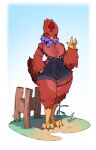  anthro avian beak bird bow_tie brown_body brown_feathers chicken clothed clothing eyes_closed feathers feet female fence fully_clothed galliform gallus_(genus) gesture hi_res outside overalls phasianid punipaws solo standing thick_thighs waving waving_at_viewer wide_hips wood wood_fence 