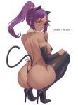  1girl absurdres animal_ears ass black_footwear black_panties black_thighhighs bleach breasts cat_ears cat_tail covered_nipples dark-skinned_female dark_skin full_body grin heart_pasties high_heels highleg highleg_panties highres long_hair looking_back melowh panties pasties ponytail purple_hair scarf shihouin_yoruichi simple_background smile solo squatting tail thighhighs topless underwear white_background yellow_eyes 