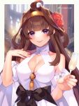  1girl ahoge breasts brown_hair champagne_flute cleavage_cutout clothing_cutout cup double_bun dress drinking_glass flower gold_hairband hair_bun hair_flower hair_ornament hairband highres kantai_collection kongou_(kancolle) kozu_(bloomme1_me) large_breasts long_hair official_alternate_costume purple_eyes simple_background smile solo upper_body white_background white_dress 