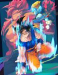  1girl aeos_(dragon_ball) black_hair blue_eyes blue_sash body_fur breasts closed_mouth dougi dragon_ball dragon_ball_heroes earrings gloves gogeta_(xeno) jewelry long_hair looking_at_viewer metamoran_vest monkey_boy monkey_tail multiple_boys muscular omega_shenron_(xeno) ommmyoh open_mouth pants potara_earrings red_fur saiyan sash smile son_goku spiked_hair super_full_power_saiyan_4_limit_breaker super_saiyan super_saiyan_4 tail time_patrol_(dragon_ball) twitter_username 