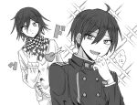  2boys :d ahoge arrow_through_heart breast_pocket buttons checkered_clothes checkered_scarf danganronpa_(series) danganronpa_v3:_killing_harmony double-breasted greyscale hand_up kasou_(roomno404_) long_sleeves male_focus monochrome multiple_boys oma_kokichi pants pocket saihara_shuichi scarf smile sparkle speech_bubble teeth translation_request upper_body yaoi 