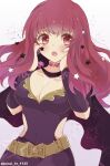  1girl belt black_cape breasts cape choker cleavage covered_navel fire_emblem fire_emblem_engage hair_ornament highres long_hair pink_choker red_eyes red_hair side_cutout star_(symbol) star_hair_ornament sui_(aruko91) twitter_username yunaka_(fire_emblem) 