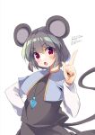 1girl animal_ears blue_capelet capelet commentary_request dated enjoy_mix grey_shirt hand_on_own_hip index_finger_raised jewelry long_sleeves looking_at_viewer mouse_ears mouse_girl mouse_tail nazrin one-hour_drawing_challenge open_mouth pendant red_eyes shirt signature simple_background solo tail touhou twitter_username upper_body v-shaped_eyebrows white_background 