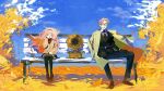  1boy 1girl absurdres autumn_leaves bench blue_sky closed_eyes coat floating_hair hao_(rummi_r) hat highres holding holding_clothes holding_hat joe_rikiichi multicolored_hair phonograph pink_hair school_uniform sitting sky suit suo_sango thighhighs 
