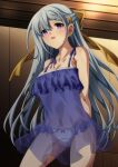  1girl armpit_peek arms_behind_back blush bow bow_panties braid breasts cameltoe cleavage collarbone euphyllia_magenta grey_hair highres ka2 long_hair navel negligee open_mouth panties see-through solo standing tareme tensei_oujo_to_tensai_reijou_no_mahou_kakumei underwear very_long_hair white_panties wooden_wall 