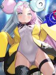  1girl blush bow-shaped_hair breasts character_hair_ornament covered_navel hair_ornament hexagon_print highres iono_(pokemon) jacket leotard long_hair looking_at_viewer low-tied_long_hair multicolored_hair oversized_clothes panda_sasasa pink_hair pokemon pokemon_(game) pokemon_sv sleeves_past_fingers sleeves_past_wrists smile solo split-color_hair two-tone_hair very_long_sleeves yellow_jacket 
