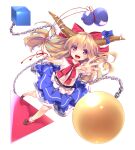  1girl :d black_footwear blonde_hair blue_skirt blush bow brown_eyes chain commentary_request cube enjoy_mix flat_chest full_body gourd hair_bow horn_ornament horn_ribbon horns ibuki_suika long_hair looking_at_viewer low-tied_long_hair medium_bangs open_mouth orb pyramid_(structure) reaching reaching_towards_viewer red_bow ribbon ribbon-trimmed_skirt ribbon_trim shirt shoes sidelocks simple_background skirt sleeveless sleeveless_shirt smile solo teeth touhou upper_teeth_only very_long_hair white_background white_shirt wrist_cuffs 