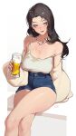  1girl alcohol bare_shoulders beer blush breasts camisole collarbone crossed_legs cup denim denim_shorts drinking_glass drunk earrings fushe highres holding holding_cup jacket jewelry large_breasts long_sleeves looking_at_viewer off_shoulder open_clothes open_jacket open_mouth original paid_reward_available shirt shorts simple_background sitting smile solo spaghetti_strap strap_slip thighs wet white_background white_shirt 
