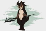  anthro breasts canid cheek_tuft exposed_breasts facial_tuft feet female fluffy fluffy_tail frown fur genitals hair mammal nahyon nahyon_(character) nude pussy solo standing tail talons toes tuft weapon 