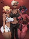  abs absurd_res almualim breast_grab breasts cleavage clothed clothing demon demon_humanoid elf female group hand_on_breast hand_on_own_hip hi_res humanoid larger_female not_furry size_difference smaller_female trio 