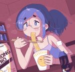  1girl beer_can blue_eyes blue_hair blue_tank_top blush_stickers bottle can chopsticks commentary dithering dutch_angle eating fluidvolt food glasses holding holding_chopsticks instant_ramen noodles original pixel_art ponytail round_eyewear sidelocks sitting solo sweat symbol-only_commentary table tank_top upper_body 