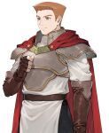  1boy armor artist_request atelier_(series) atelier_marie belt breastplate brown_belt brown_gloves brown_hair cape closed_mouth elbow_gloves fingerless_gloves flattop gloves green_eyes hallesch_sleiman male_focus official_art pauldrons red_cape short_hair shoulder_armor simple_background smile solo standing 