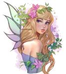  1girl aqua_eyes aqua_shirt aqua_wings bare_shoulders blonde_hair cornelia_hale fairy fairy_wings flower green_wings hair_flower hair_ornament leaf long_hair long_sleeves looking_at_viewer nature orange_lips pink_flower shirt star_(symbol) toshiasan w.i.t.c.h. wings 